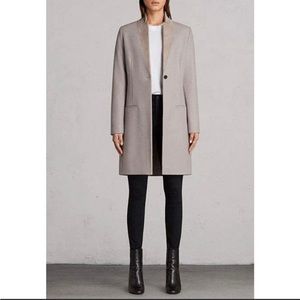 Classic Taupe Leni Coat from All Saints, Wool blend, US 6, UK 10, suede collar
